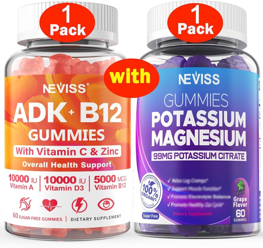 NEVISS 1Pack Vitamine ADK met B12 + 1Pack Kalium Magnesium Gummies