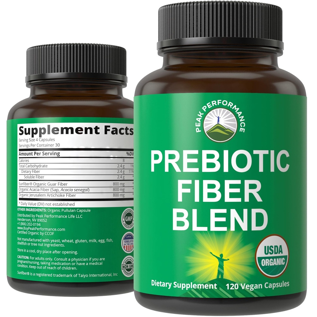 USDA Bio 3-en-1 Fibre Prébiotique - Capsules Vegan pour Gut, Santé Digestive. Prébiotiques crus à base de plantes alimentaires entières Pills supplément avec l'inuline (Artichaut de Jérusalem), fibre d'acacia, fibre solaire