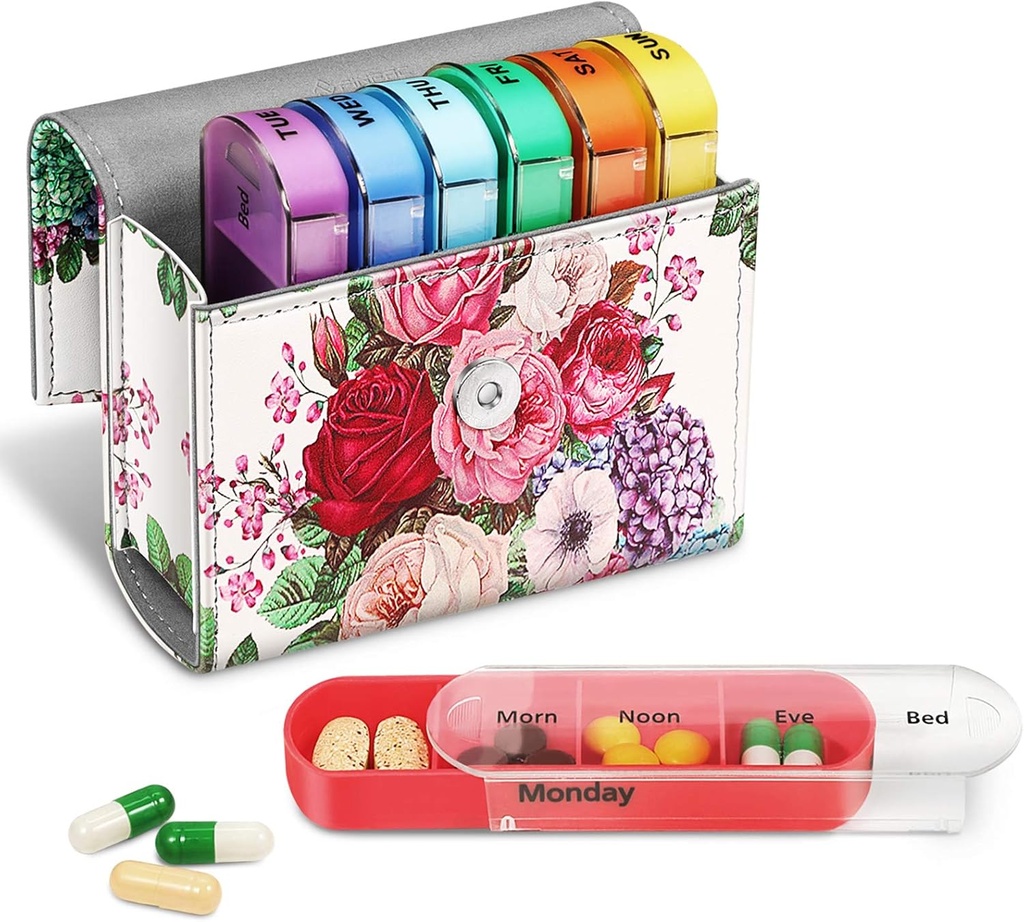 FINPAC Weekly pil Organizers 4 keer per dag, Slide Open PU Leather Case Travel Pill Vitamine Medicine Herinnering en Planner met Naamkaart voor de Morgen
