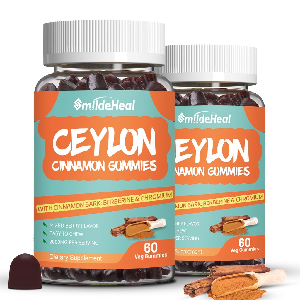 2 Pack Ceylan sans sucre Gommies de cannelle 2000MG, supplément de cannelle avec le chrome et l'écorce de cannelle, végétalien, non-OGM, sans gluten, 120 Gommies