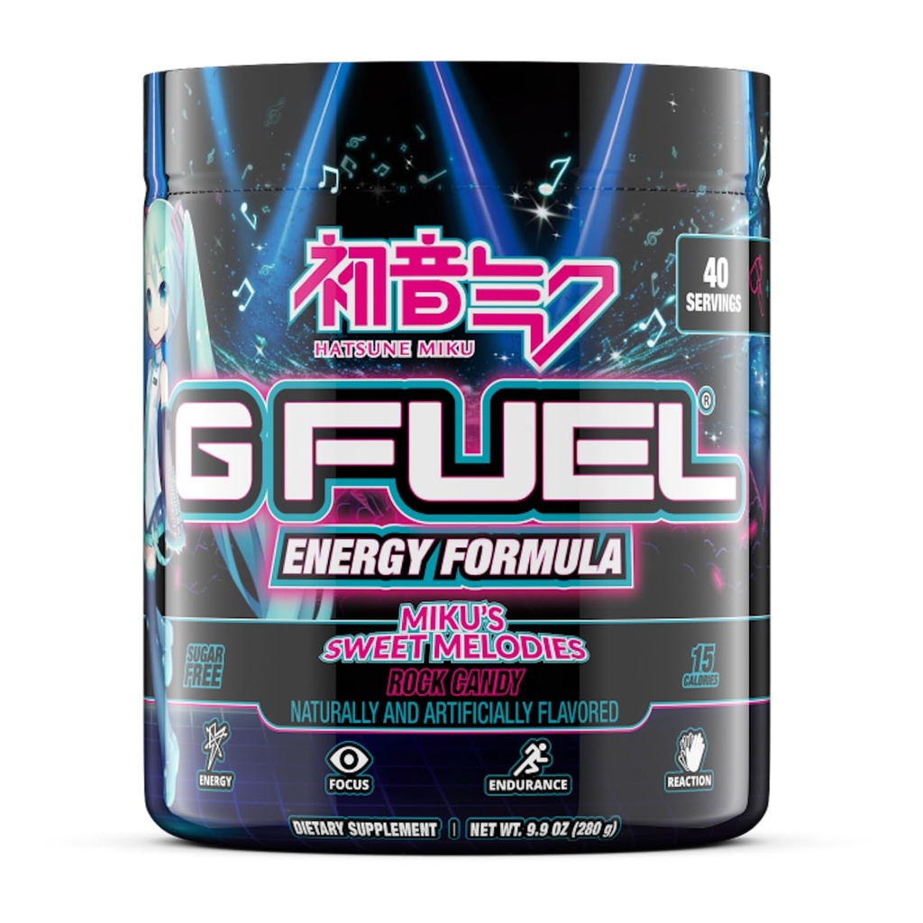 G Fuel Sweet Melodies Hatsune Miku Energy Drink Poudre, Pré-entraînement Mélange de caféine pour les jeux, sans sucre Focus Amino, Vitamine + Antioxydants, 9.9oz (Rock Candy, 40 portions)