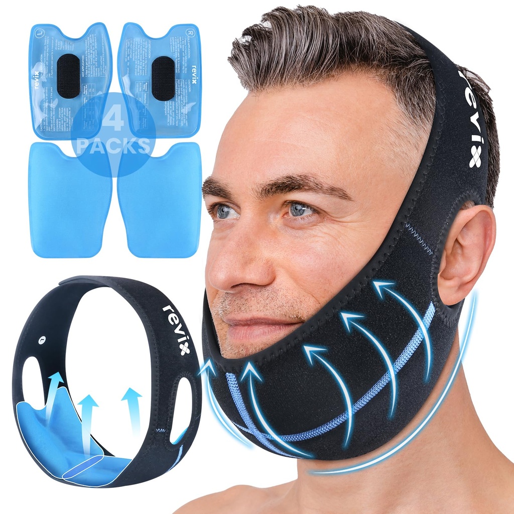REVIX Wijsheid Tanden Ice Pack Head Wrap met 3D Naaien Jaw Ice Pack voor gezicht Mondchirurgie pijn verlichting voor TMJ, Tanden Extractie & tanden verwijderd, Extra Snug Fit met 4 Hot Cold Gel Packs Herbruikbaar, Zwart