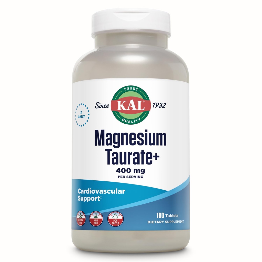 KAL Magnésium Taurate 400mg Plus Coenzyme Vitamine B6, supplément de magnésium chélaté, fonction musculaire, sans gluten, végétalien, 90 portions, 180 comprimés