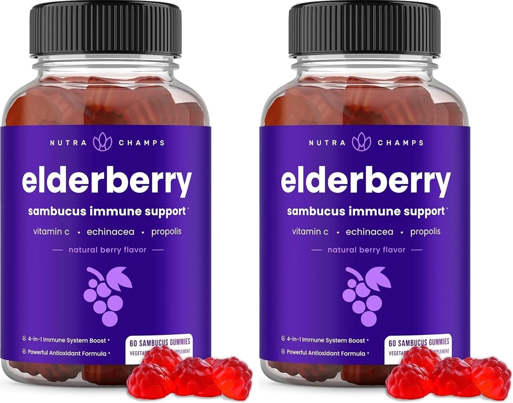 NutraChamps Vlierbessen Gummies met vitamine C, Propolis en Echinacea - Immuun systeem ondersteuning Gummy vitamines voor volwassenen en kinderen - Max Strength 200mg Sambucus Antioxidant (pakket van 2)