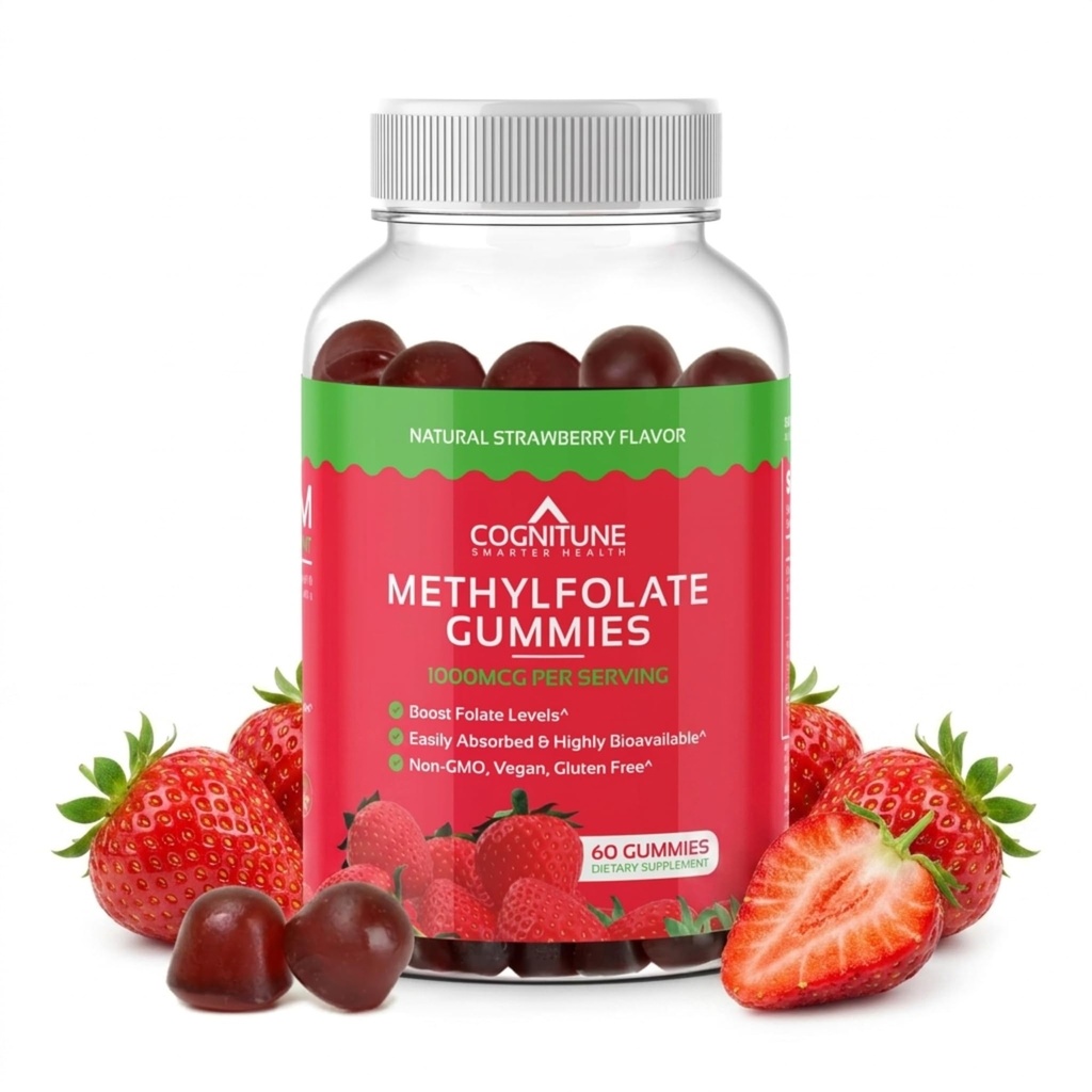 Gommies de Méthylfolate de CogniTune - Facile à prendre à haute puissance L-méthylfolate, supplément de folate pour le cerveau, la santé cardiaque et l'immunité, goût de fraise délicieuse, non-OGM, végétalien, sans gluten