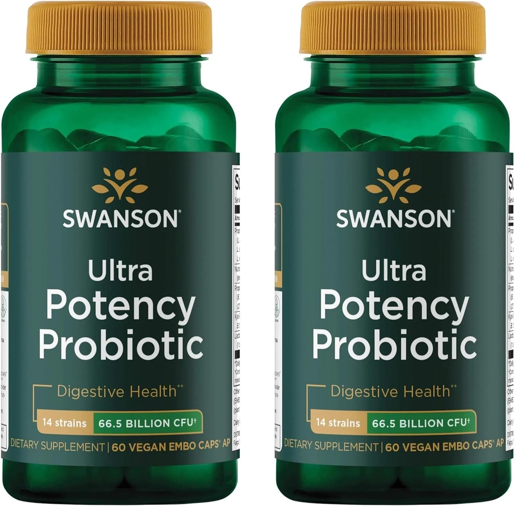 Swanson Ultra Potency Probiotic Digestive Health Immune System Support 66 Miljard CFU Prebiotic NutraFlora scFOS 60 DRcaps Veggie Capsules (Caps) (2 Pack)