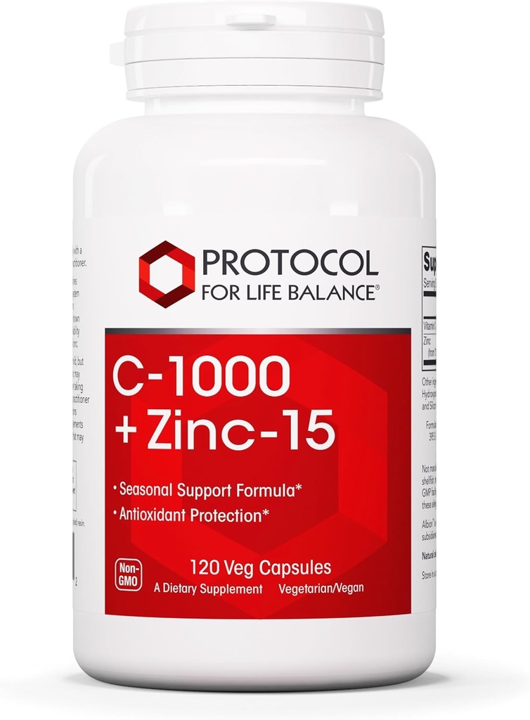 PROTOCOL VOOR LIFE-BALANS C-1000 + Zink-15 - Vitamine C & Zinkbisglycinaat - Immuunondersteuningssupplement - Antioxidantensupplement - met ascorbinezuur - 120 Veg Capsules