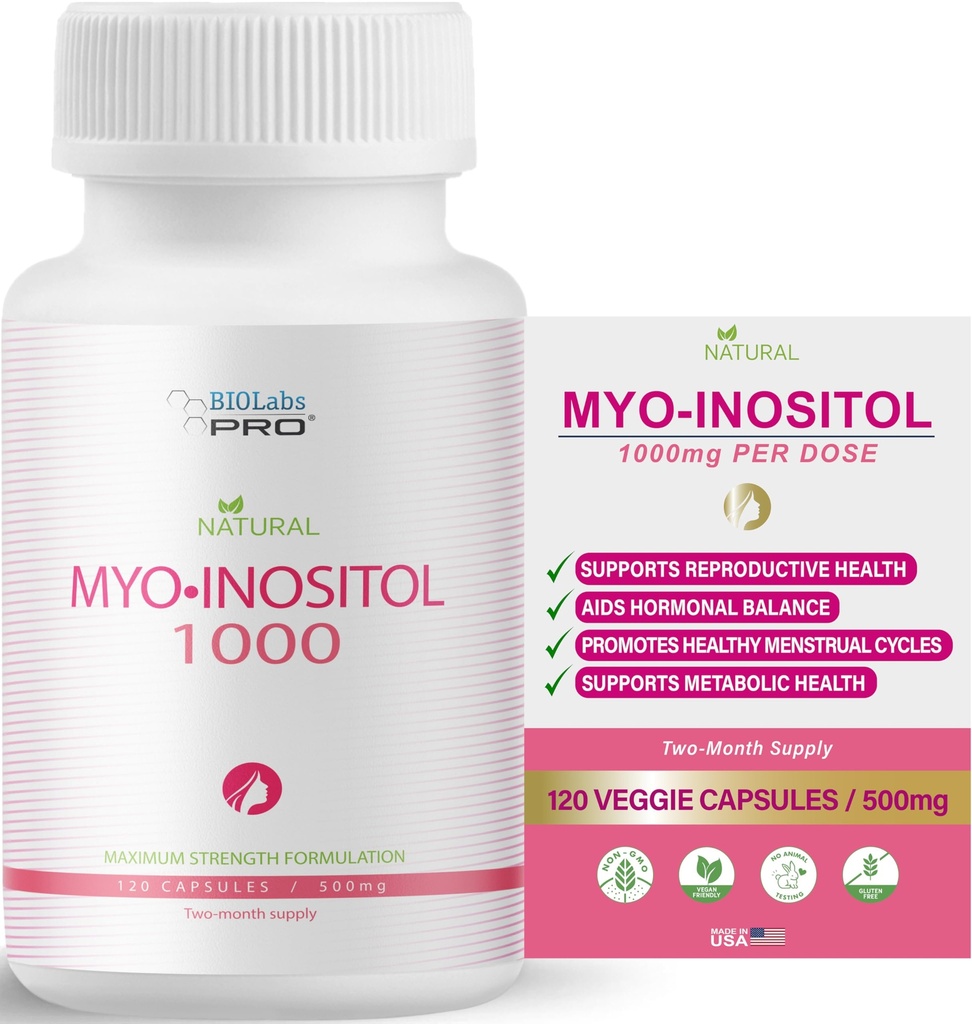 BIOLABS PRO Myo-Inositol Supplement 1000mg Natural Dietary Support for Cellular Health & Wellness, Premium Non-GMO, Gluten-Free, Kosher Certified, Paraben-Free - (120 Caps - 2-maands levering)