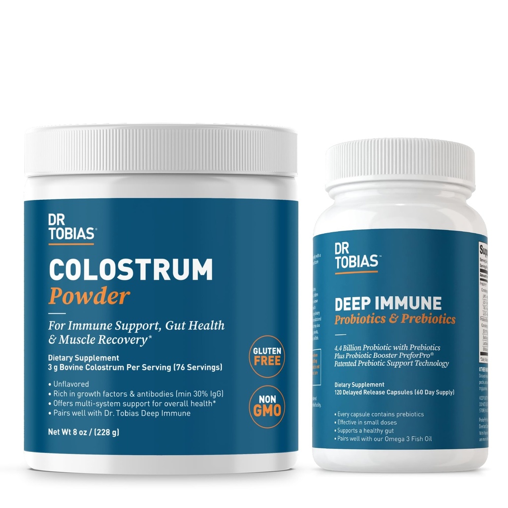 Dr Tobias Probiotiques et prébiotiques d'Immune profonde et poudre de colostrum - Soutient la santé digestive, la santé gustative et la fonction immunitaire