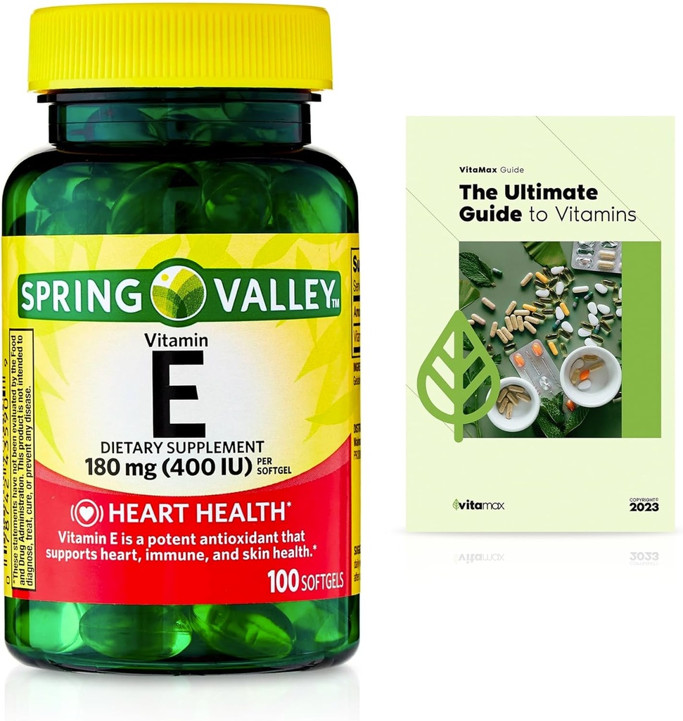 Spring Valley Vitamine E Heart Health Dieetsupplement Softgels, 180 mg (400 IE), 100 Tel + Exclusieve VitaMax Vitamine Gids (2 Items)