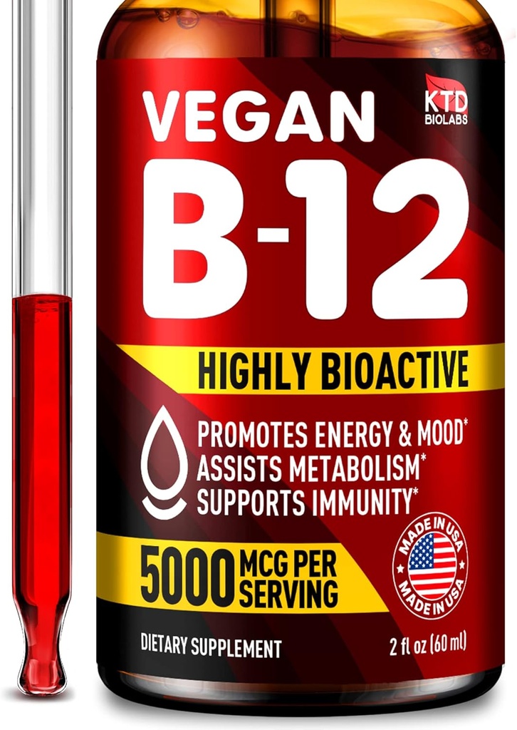 B12 Sublingual 5000 mcg Drops - Made in USA - Vegan B12 Vitamines for Energy, Mood & Memory - Highly Bio available Sublingual Drops - Methylcobalamine for Women & Men - 2 fl. oz.