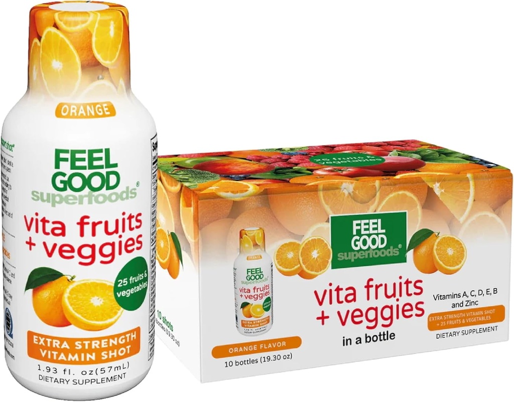 FeelGood Superfoods Vita Fruit en Veggies Immune Support Shot Supplementen, Oranje smaak, Pack van 10 Immunity Shots, Immuun System Booster Drink gemaakt met 25 Biologische Fruit en Groenten