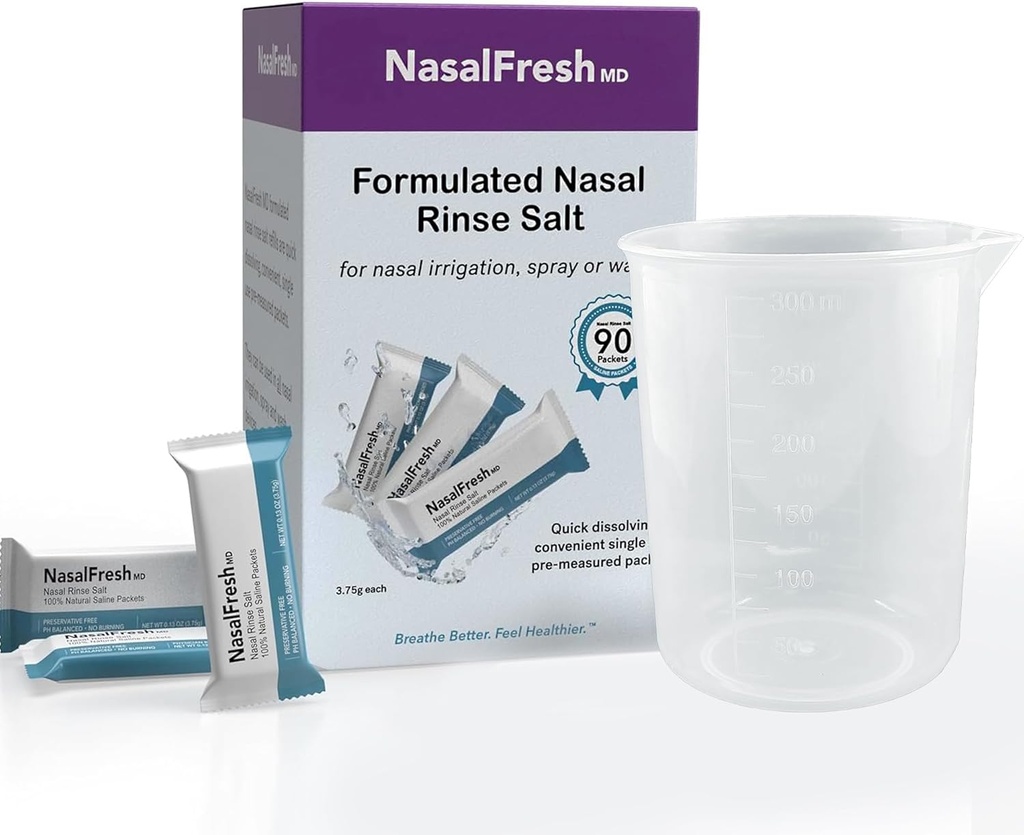 NASALFRESH MD - Saline Packets - Quick Dissolving - Single Use - Pre-Measured - Nasal Irrigation - Individually Wrapped (3.75g/1.3oz) - 90 Teln Refill Packets - 300mm Cup