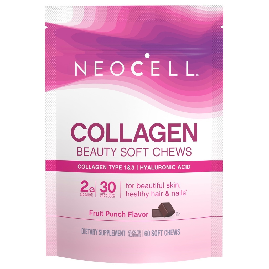 NeoCell Collageen Schoonheid Zachte Kauwen met vitamine C en Hyaluronzuur, Voor haar, huid en nagels gezondheid, Fruit Punch, Zachte Kauwen, 60 Telling, 1 Zak