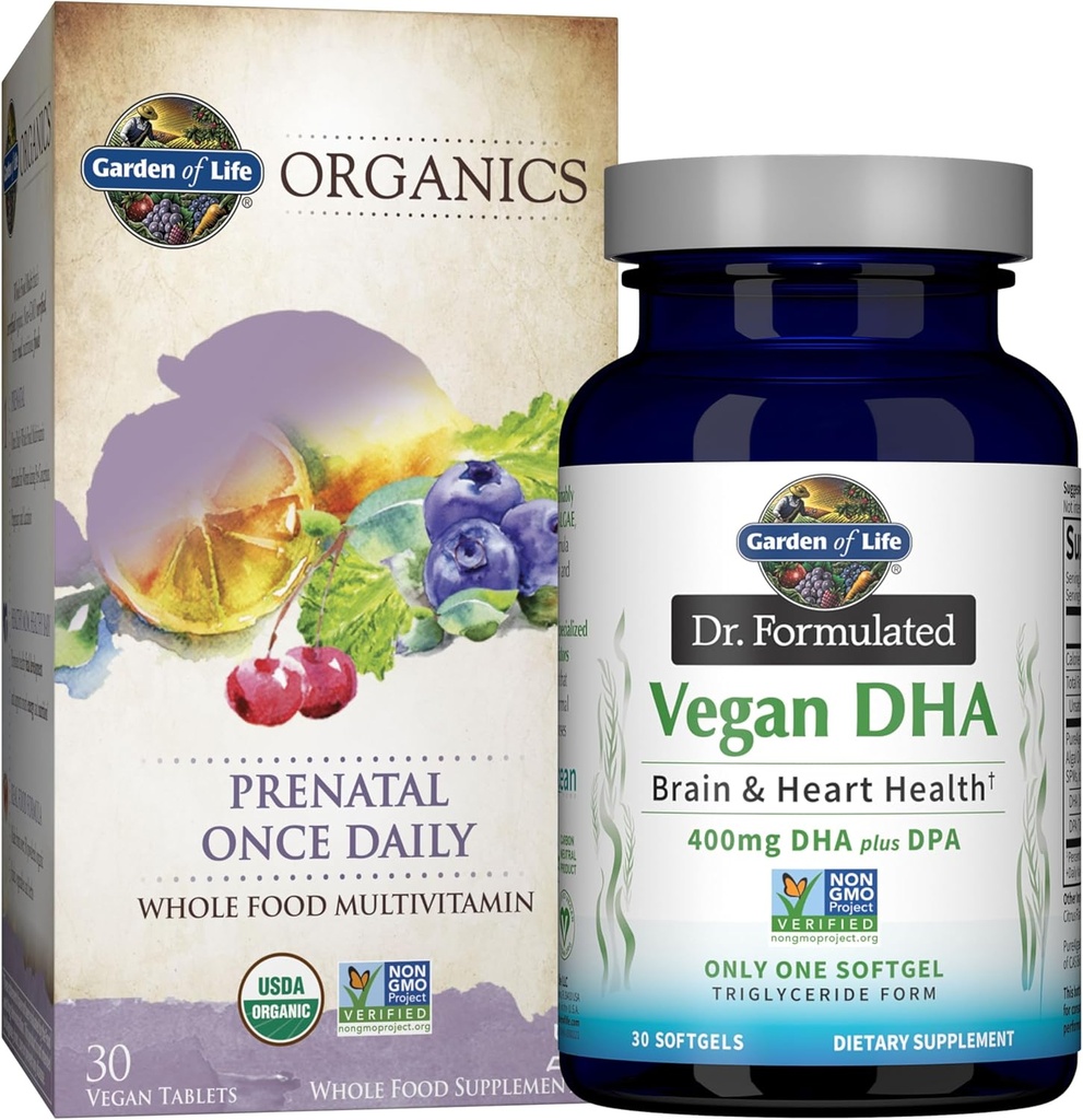 Garden of Life Once Daily Vegan DHA + Prenatal Multi Bundle: Dr Formulated Vegan DHA 30 Softgels + Organics Prenatal Once Daily Multivitamines with Folate for Women