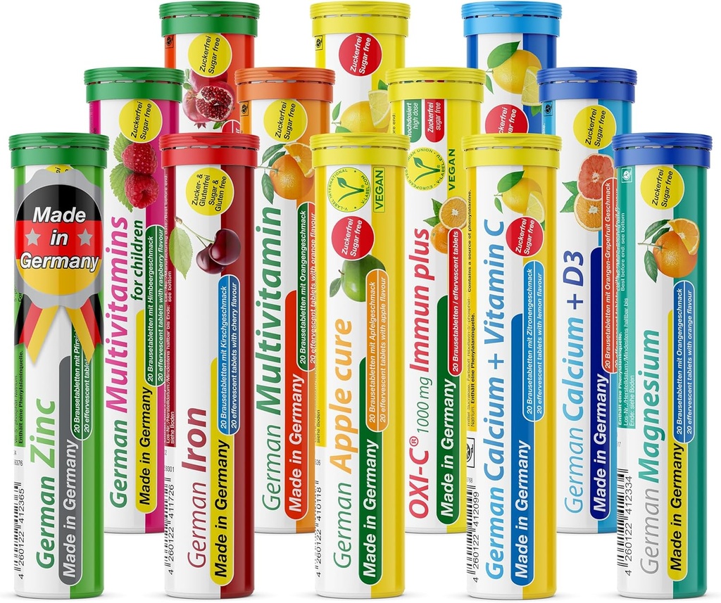 T&D Duitse vitamine, mineralen - 240 Vegan/Vegetarisch Drink Bruistabletten - Mixed Fruit smaakdoos - Made in Germany