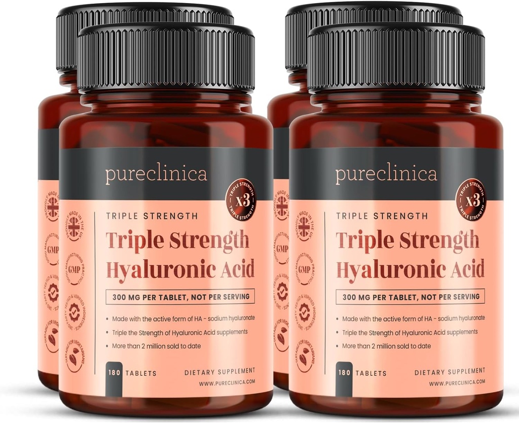 pureclinica Drievoudige sterkte Hyaluronzuur 300 mg x 720 tabletten (4 flessen van 180) - 2 jaar levering