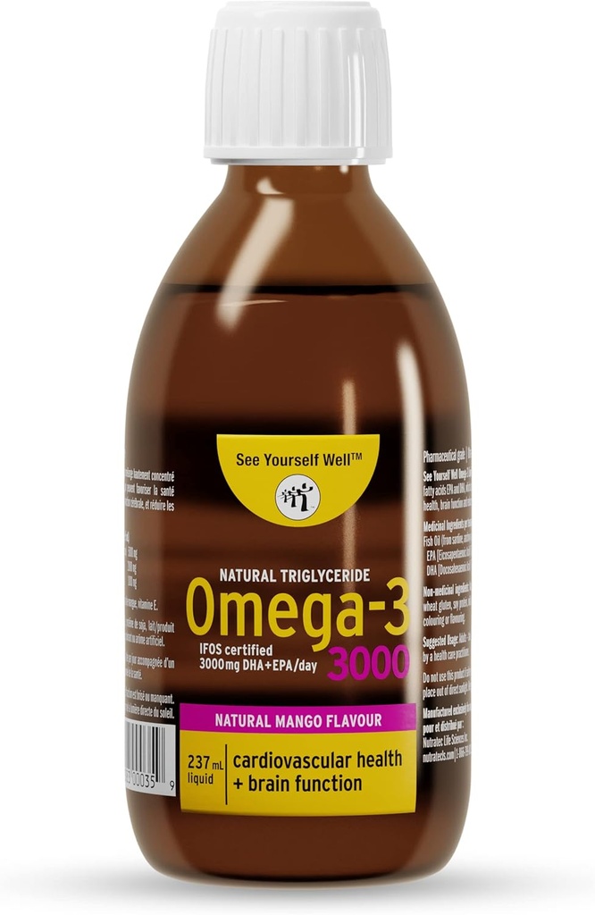 Vloeibare Omega 3 Visolie - Hoge Potentie. Promoot hersenen, ogen, hart en immuungezondheid. Natuurlijke triglyceride. 237ml / 8oz - 48 Servers. Mango
