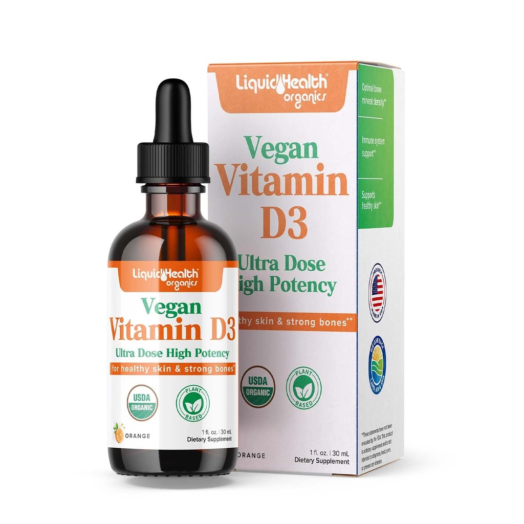 LIQUIDHEALTH Vitamine D3 4000 UI, USDA Vitamine D biologique gouttes liquides pour adultes et enfants, Vitamine D végétalienne pour le système immunitaire, santé des os, soutien de l'humeur, peau saine - Fabriqué aux États-Unis (2 oz)