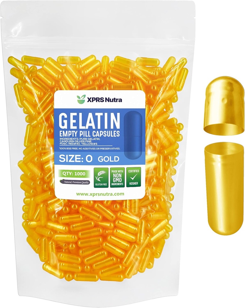 XPRS Nutra Size 0 Empty Capsules - 1000 Count Empty Gelatin Capsules - Pills DIY Capsule Filling - Pure Bovine Pill Gel Caps for Do-It-Yourself Supplements (Gold)