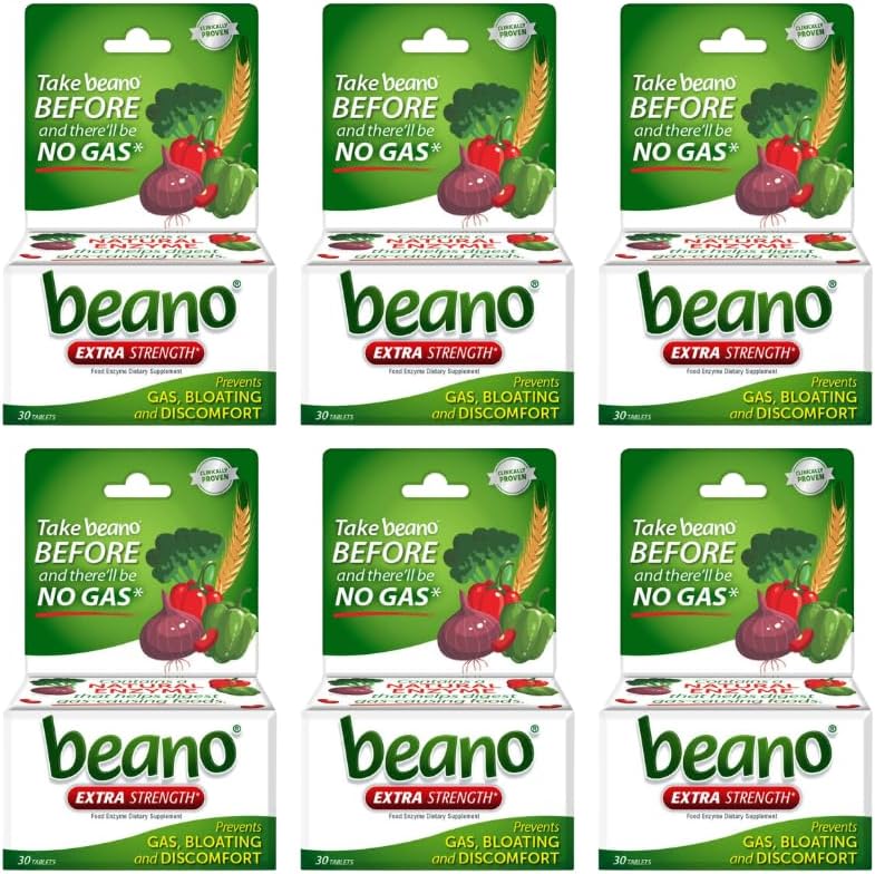Beano Extra Sterkte, Digestief Enzyme Supplement, Voorkomt Gas, Opgeblazen en Ongemak (Verpakking mei Vary) 30 Tellen Elk (pakket van 6)