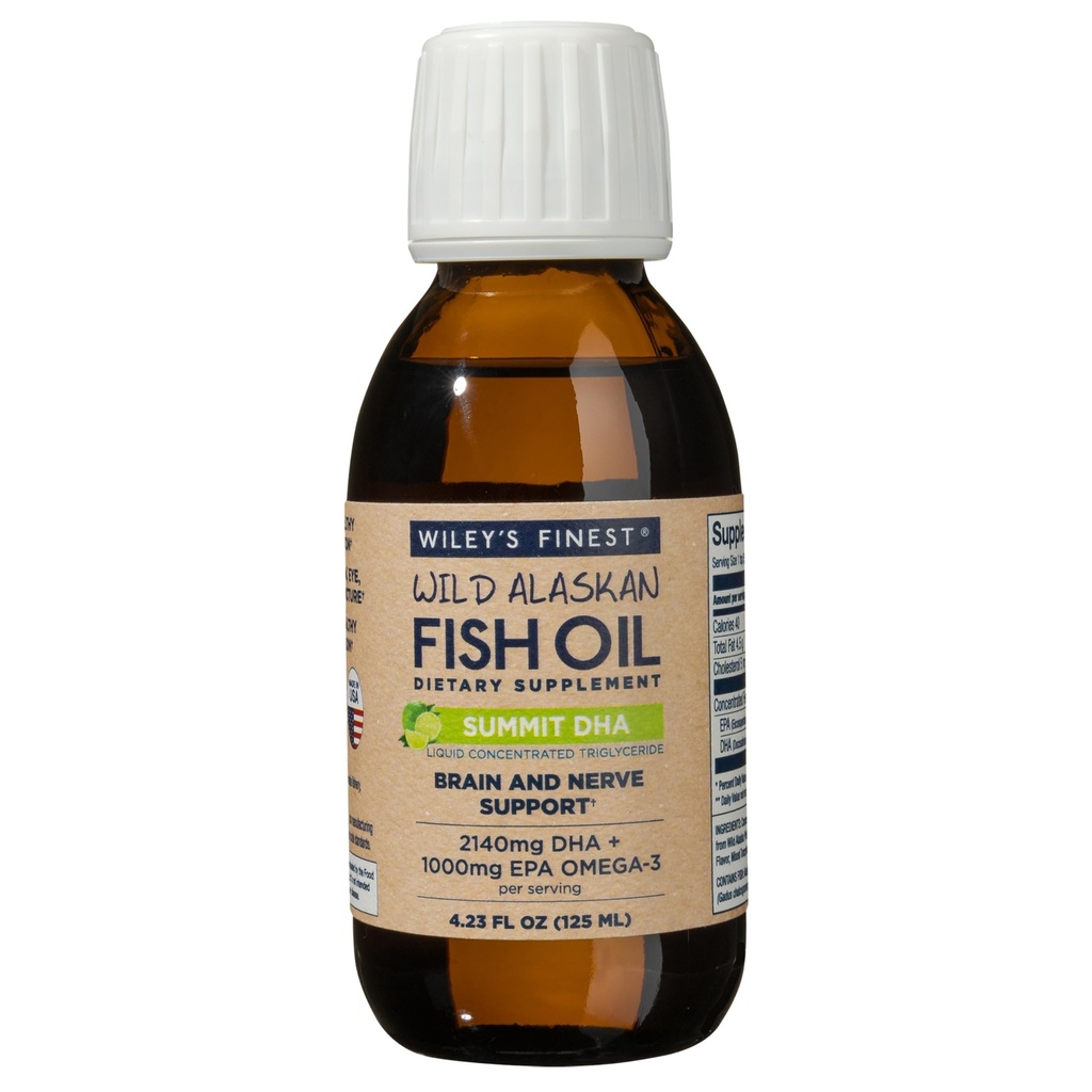 Wiley's Finest Wild Alaskan Fish Oil Summit DHA Liquid - 2140mg de DHA et 460mg de EPA Omega-3 - Supplément liquide aromatisé aux agrumes - 4.23 Oz (25 portions)