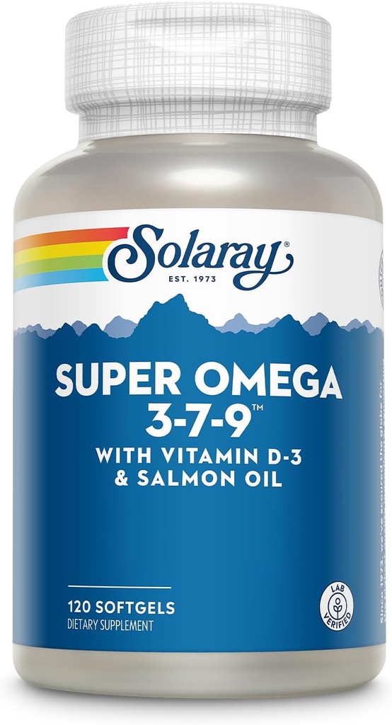 SOLARAY Super Omega 3 7 9 Ondersteunt gezonde huid, Meer EPA, DHA, essentiële vetzuren van visolie Mini Softgel, 120ct