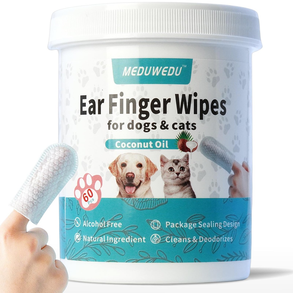 Oorreiniger Vingervegen 60 Counts, Hondenoorreiniger, Grooming Kit Zorg voor honden en katten, Zachte & Easy Otic Reinigingskussens, Verwijder Wax, Vuil & Stop Smelly, Itchy, Niet-irriterend, Kokos geur