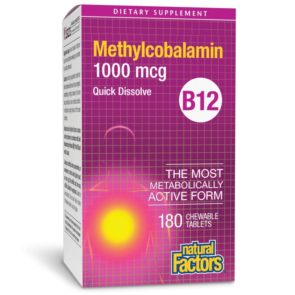 Natuurlijke Factoren Methylcobalamine 1.000 mcg - Vitamine B12 Supplement in Metabole Actieve Vorm - Supplement Ondersteunt Cll Formation & Energy Production - 180 Kauwtabletten (180 Servers)