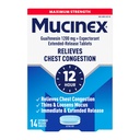 Mucinex Congestion thoracique, concentration maximale de 12 heures Comprimés à libération prolongée, 14ct, 1200 mg Guaifenesine avec soulagement prolongé de la congestion thoracique causée par l'excès de mucus, de minces et de lâches Mucus