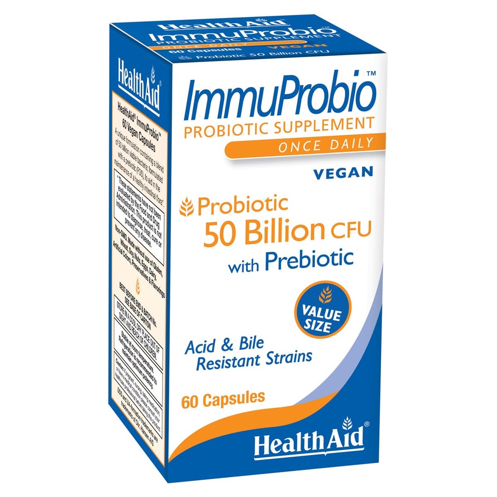 HealthAid ImmuProbio 60 Caps - 50 Miljard CFU met Prebiotic, Once Daily, Acid & Bile Resistant Strains, Vegan