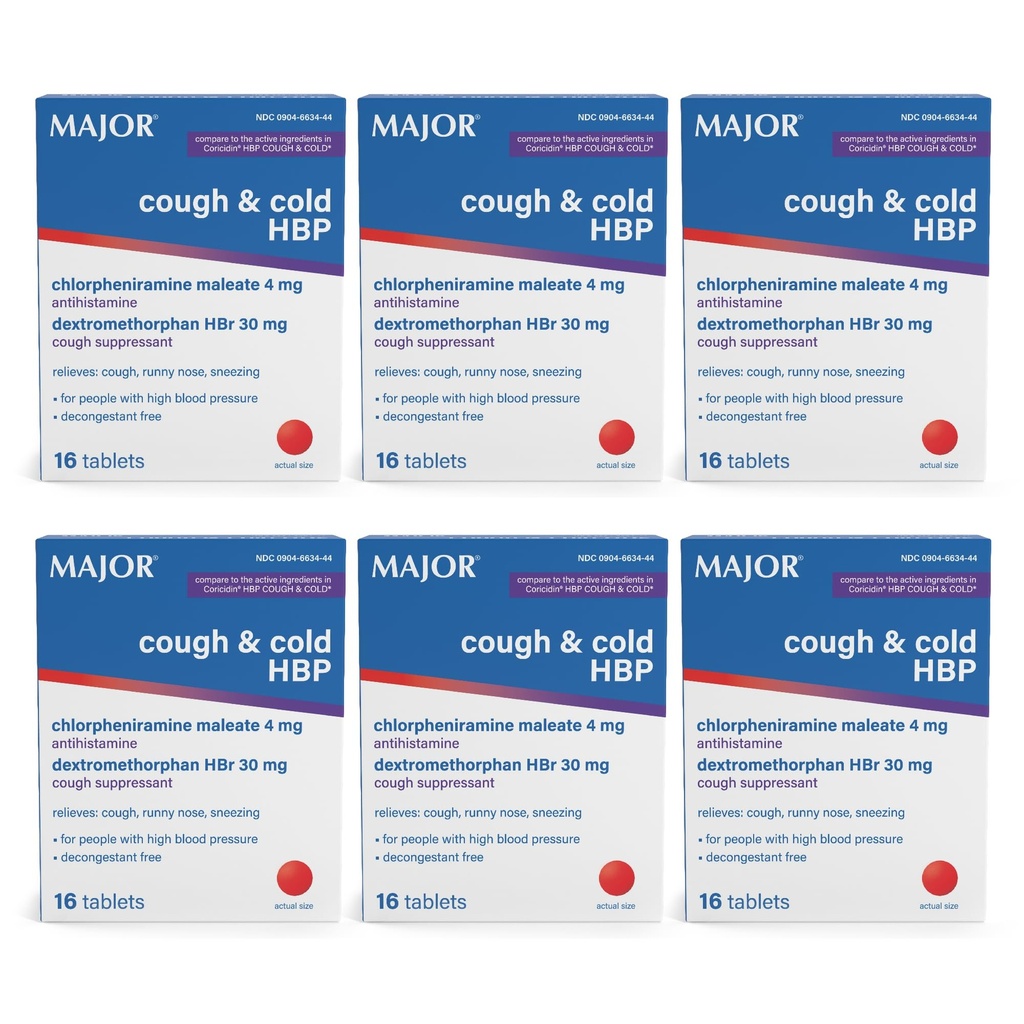 MAJOR Hoesten en koude HBP tabletten - Antihistamine en hoest Suppressant voor mensen met hoge bloeddruk - Dextromethorfan HBr, Chlorpheniramine Maleaat - 16 Tel (6 Verpakking)