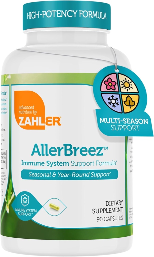 Zahler AllerBreez Immune System Support Formula with Vitamin C, Quercetin, Vitamin B5, MSM & Stinging Brandnetel - Seizoengebonden & Year-Round Immune Support Supplement, Dhist Allergie Supplement (180 Capsules)