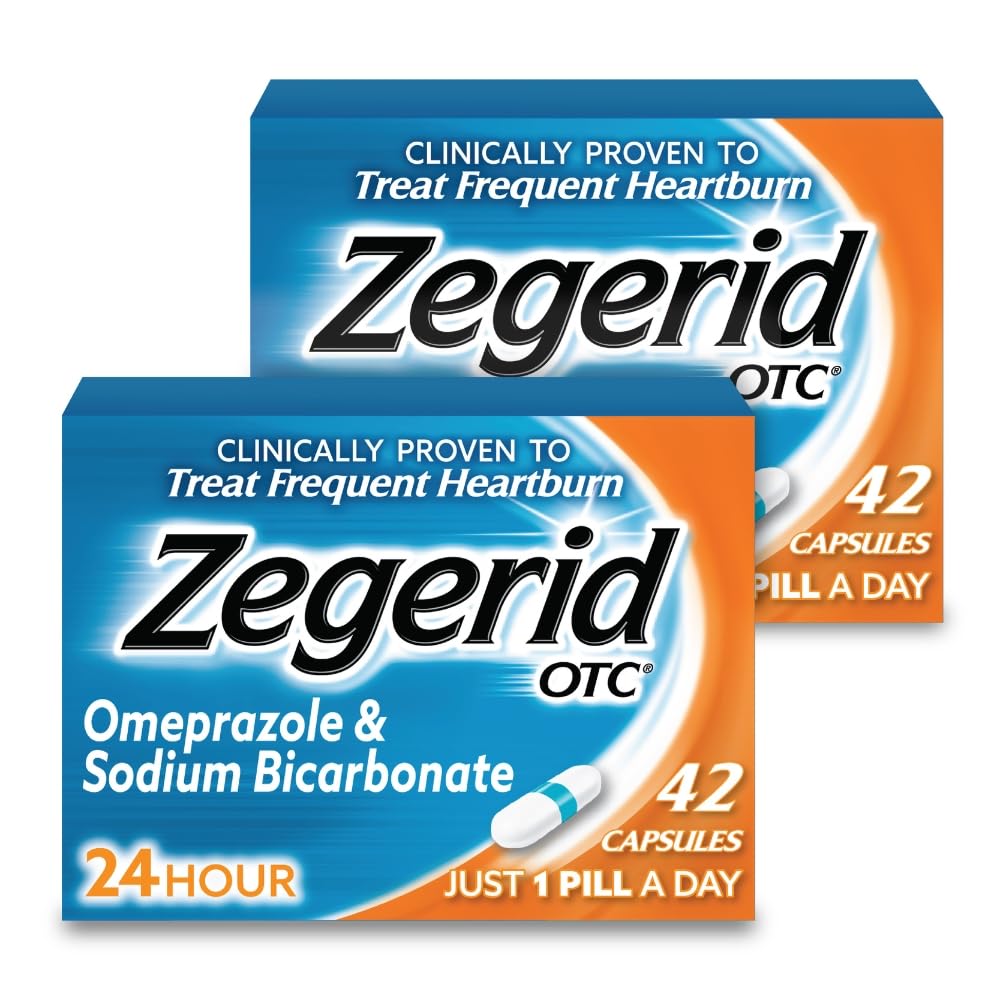 Zegerid OTC, 24-uurs Heartburn Relief, Acid Reflux Medicine and Antacidity, Treats Frequency Heartburn, Omeprazol 20mg + Natriumbicarbonaat, Proton Pump Remmers (PPI), Twee 42ct dozen