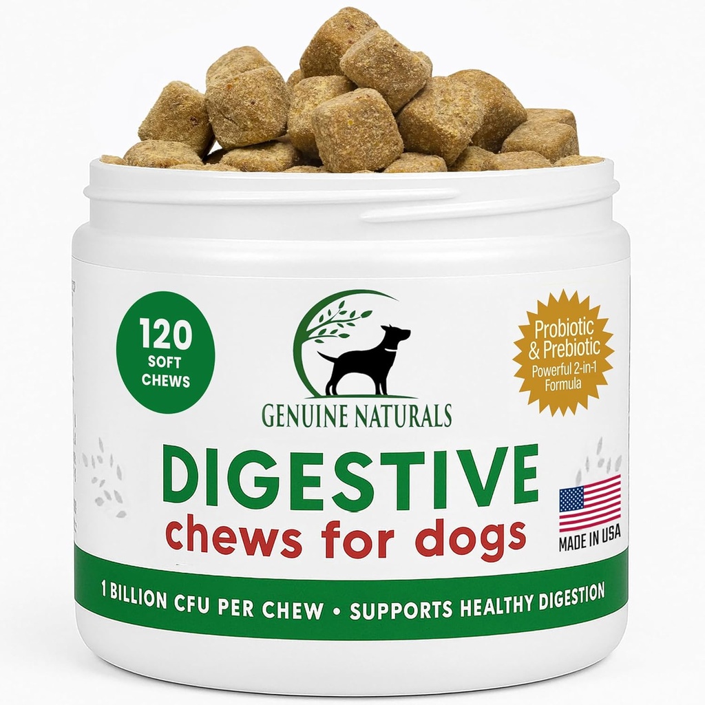 Digestief supplement voor honden - Aanbevolen Probiotica Kauwen door FurParents - Verbetert spijsverterings- en darmgezondheid, helpt met diarree, overstuur maag, slechte adem en constipatie, 120 Tel.