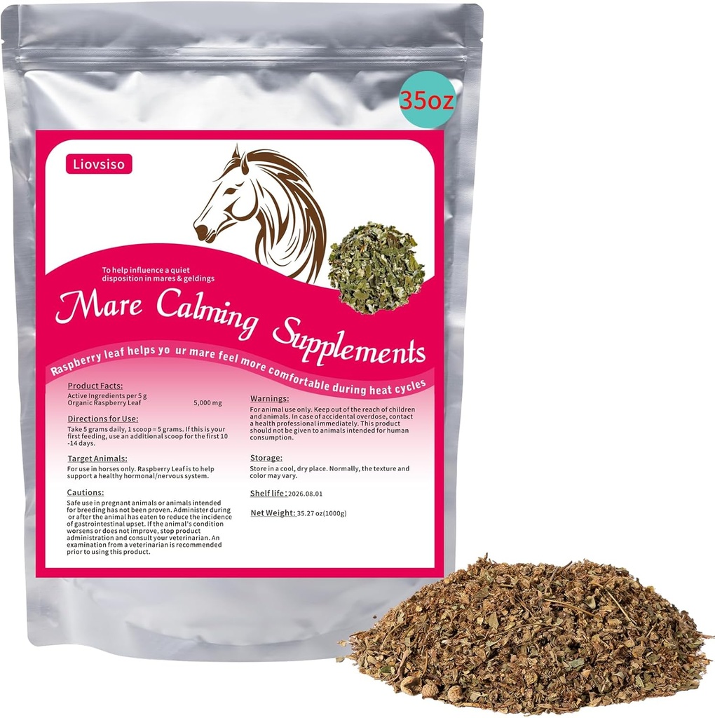 Horse Calming Supplement Natural Raspberry Leaf 35 OZ- Verlicht angst, prikkelbaarheid, en oncomfort in Mares tijdens Heat Cycles - Ook Magic Geschikt voor Geldings