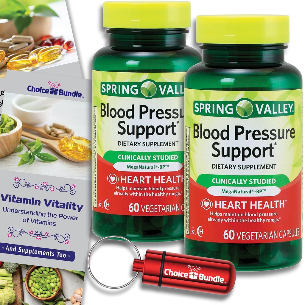 Keuze Bundle Spring Valley Blood Pressure Support Vegetarian Capsules 60 Ct 2 pk (120 Totaal) + Vitamine Guide & Pill Container (4 Items)!
