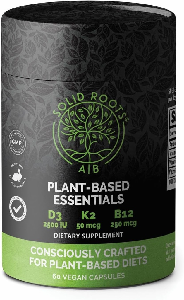 SOLID ROOTS Vegan Vitamin D3 + K2 + B12 voor botten, hart, huid, tanden Plant-based Multivitamine Essentials