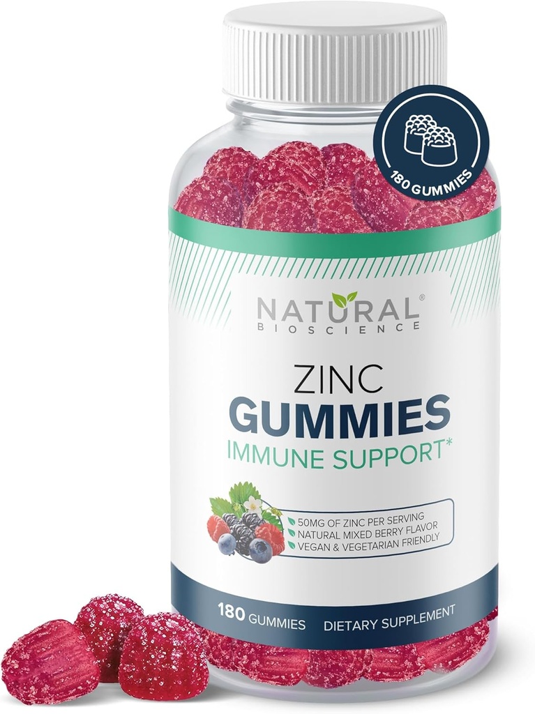 Zink Gummies 50mg - High Potency Immune Support, Skin Health, Antioxidant, Dagelijkse Immunity Supplement voor Volwassenen, Veganistisch, Glutenvrij, Non-GMO, Kauwbare Zink Citrate Gummies, 180 Gummies
