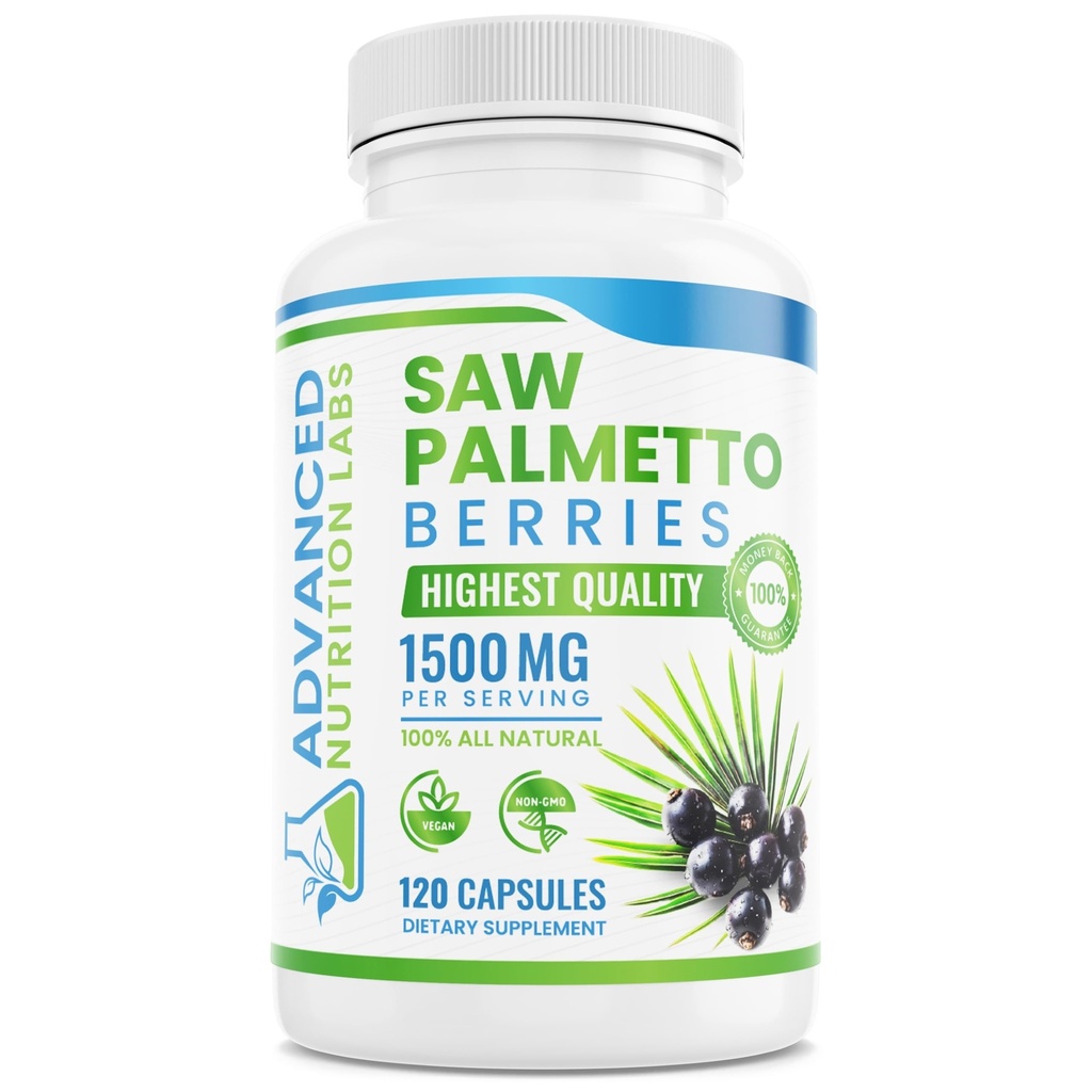 Saw Palmetto Berries & Extract - Supplément de Saw Palmetto de 1500 mg pour les hommes et les femmes - DHT Blocker pour la croissance des cheveux, le soutien de la prostate et la santé urinaire - 120 capsules végétaliennes