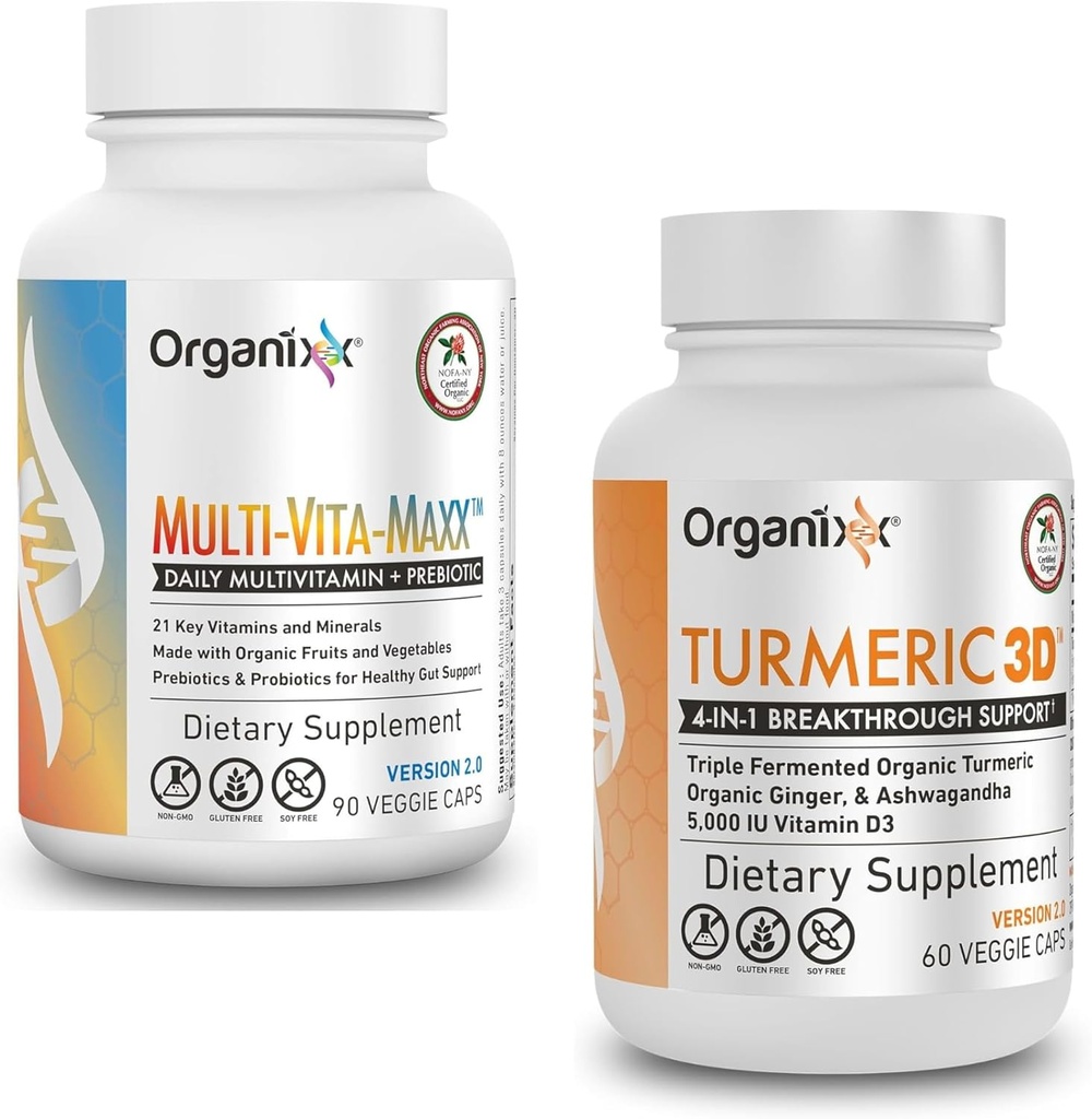 Organixx Curcumine curmérique (60 gélules végétariennes) et multivitamines alimentaires entières multivitamines multivitamines (90 gélules)