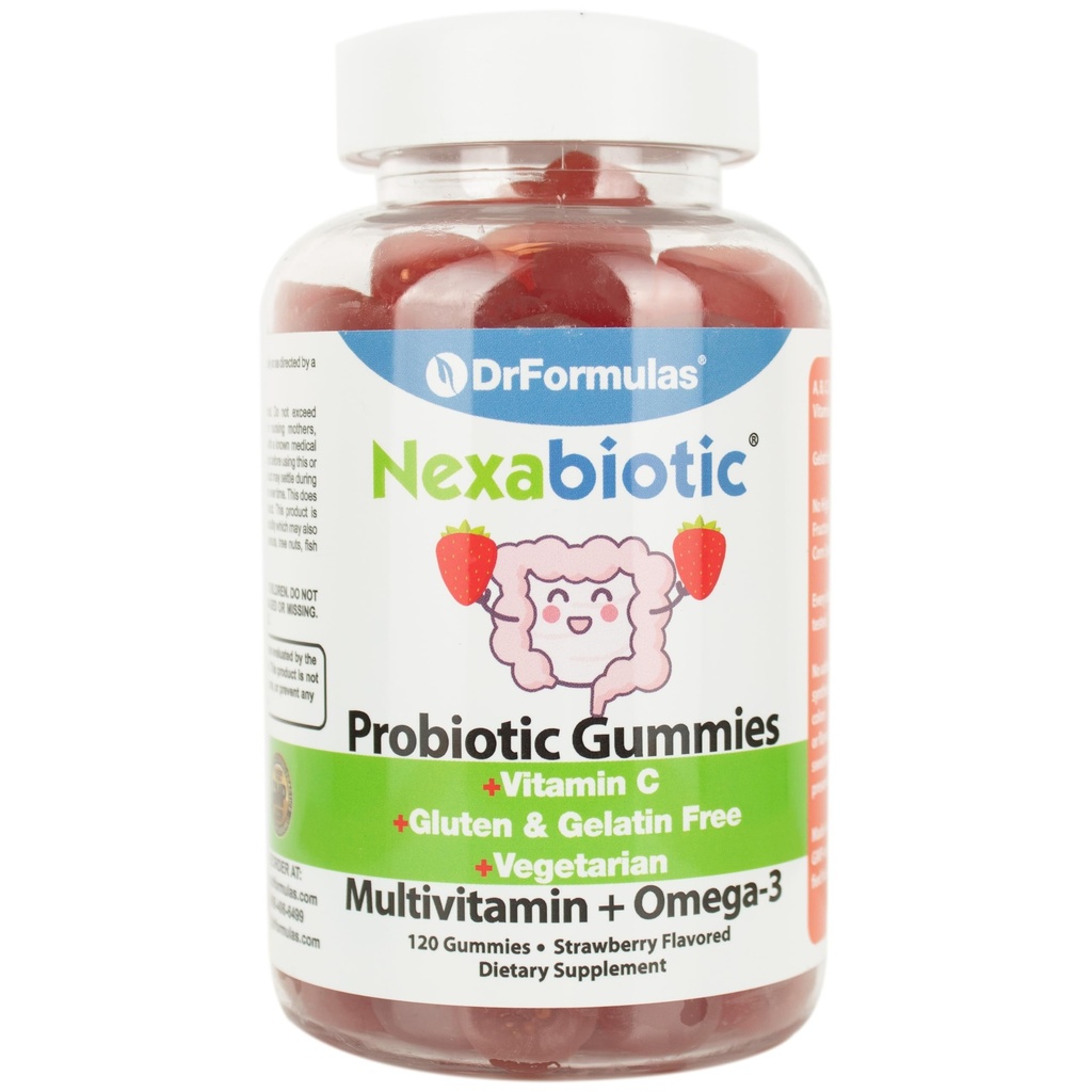 DrFormulas Multivitamine Gummies avec Oméga 3 et probiotiques pour les enfants et les adultes avec vitamine C. Nexabiotique avec vitamine A, C, D3, E, B6, B12 et zinc, biotine, folate.