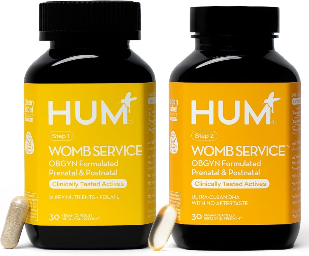 HUM Womb Service Postnatale & prenatale supplementen voor vrouwen, OBGYN samengesteld met Vegan DHA, Choline & Folate, Clean Daily Nutriënten, Pre-to-Post Zwangerschap Ondersteuning, 30 Vegan Capsules & 30 Softgels
