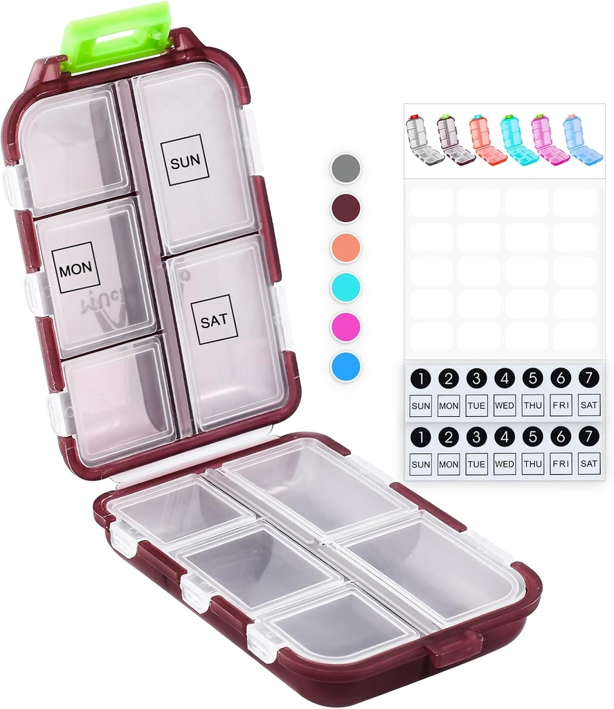 M MUchengbao Travel Pill Organizer Pocket Pharmacy , met 3 soorten etiketten 10 Compartments Small Fold Pill Box BPA-Free Daily Travel Pill Case Medicine Organizer voor Store (Rode)