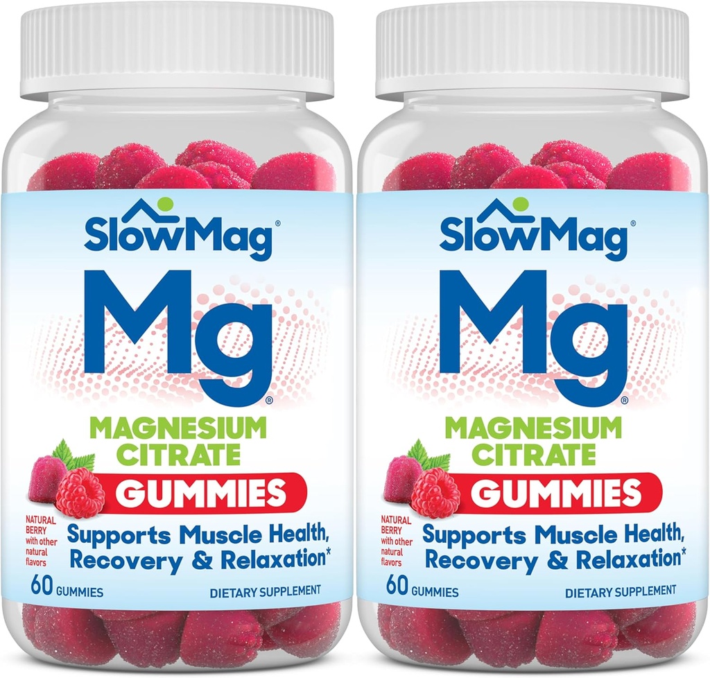 SlowMag Magnesium Citrate Gummies, 60 Tellen, Ondersteunt Spiergezondheid, Natuurlijke Bessensmaak, Herstel & Relaxation Pack van 2