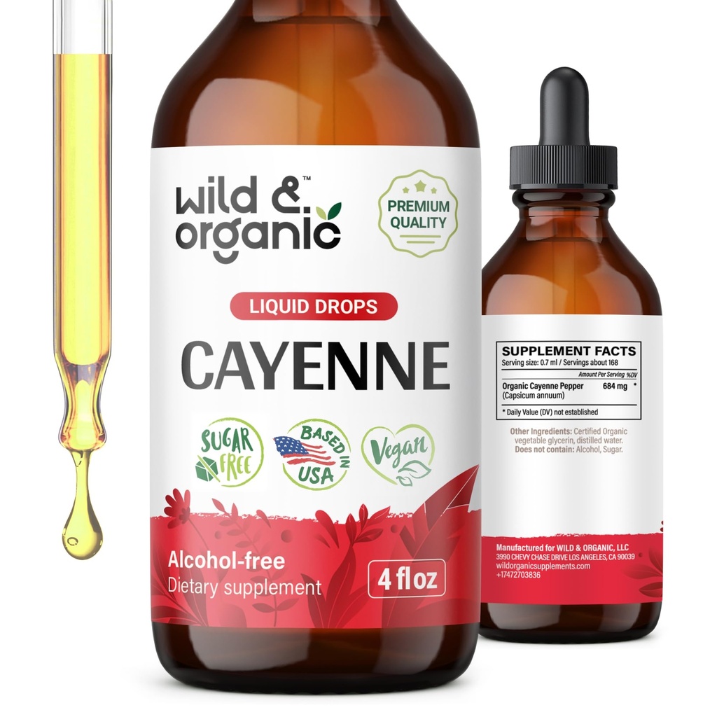 Wild & Organic Cayenne Pepper Tinctuur - Digestieve ondersteuning met Capsaicin Extract - Cayenne Pepper Liquid Drops voor algehele welzijn - Vegan, suiker & alcoholvrije - 4 floz