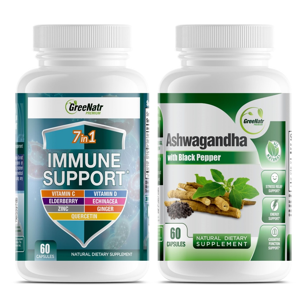 GreeNatr 7-in-1 Supplément de soutien immunitaire avec vitamine C, vitamine D3, Zinc 50mg, Quercetine, combiné avec des capsules d'Ashwagandha biologique avec poivre noir pour l'absorption améliorée