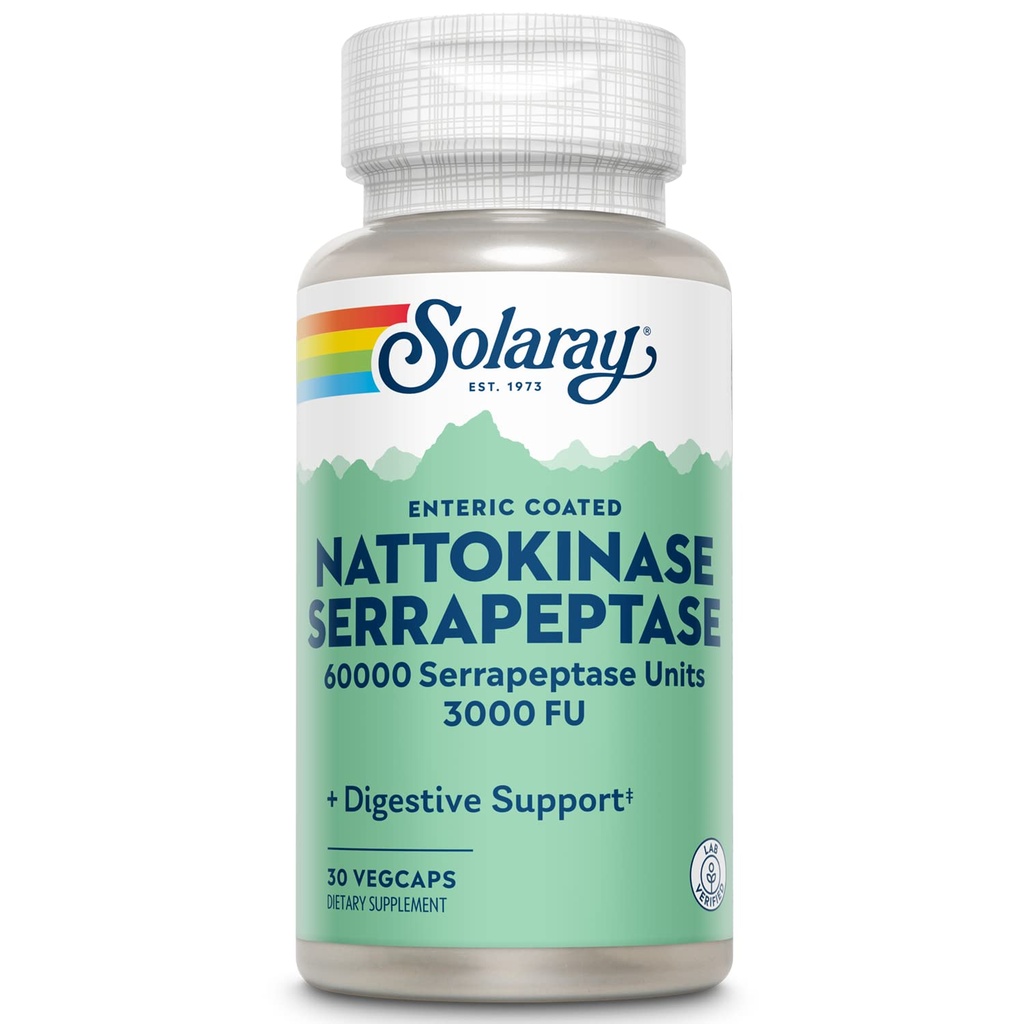 SOLARAY Nattokinase Serrapeptase Supplement - Enteric Coated - 3000 FU Nattokinase Supplement - Circulatie, Cardiovasculair, Sinus Ondersteuning - Lab geverifieerd, 60-dagen garantie - 30 porties, 30 VegCaps