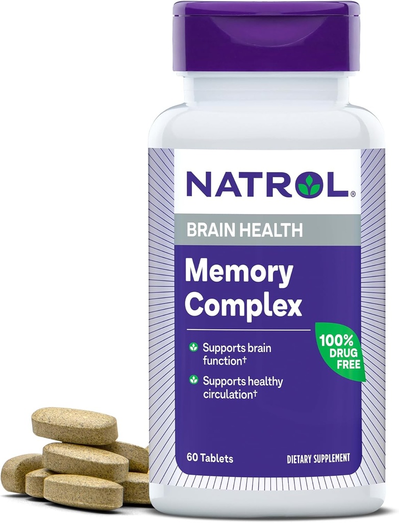 Natrol Geheugen Complex met Ginkgo Biloba 120 mg en B Vitaminen, Dieetsupplement voor Hersengezondheid en Geheugen Ondersteuning, 60 tabletten, 30 dagen levering