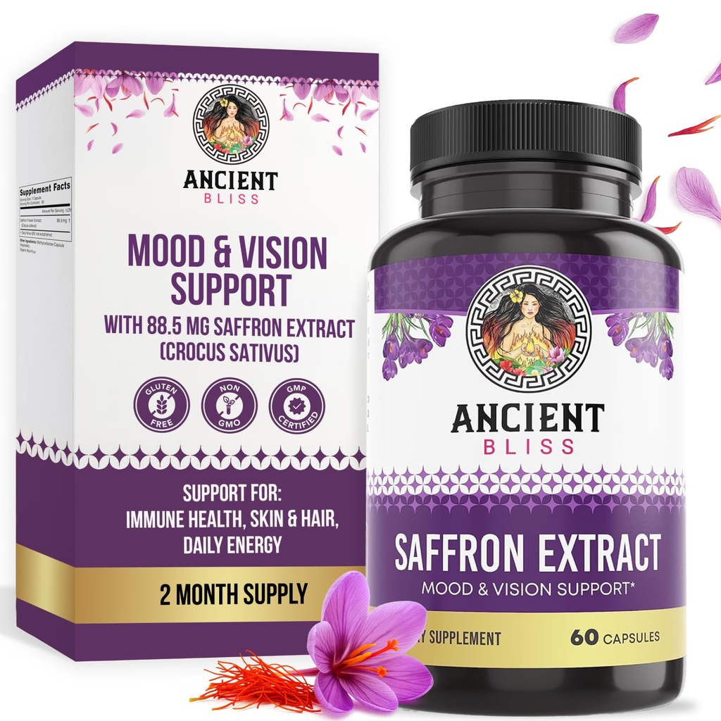Ancient Bliss Saffron Extract Capsules Mood & Eye Support Supplement, Saffraan Extract Apetite Suppressant Weight Management voor vrouwen en mannen (60 capsules)
